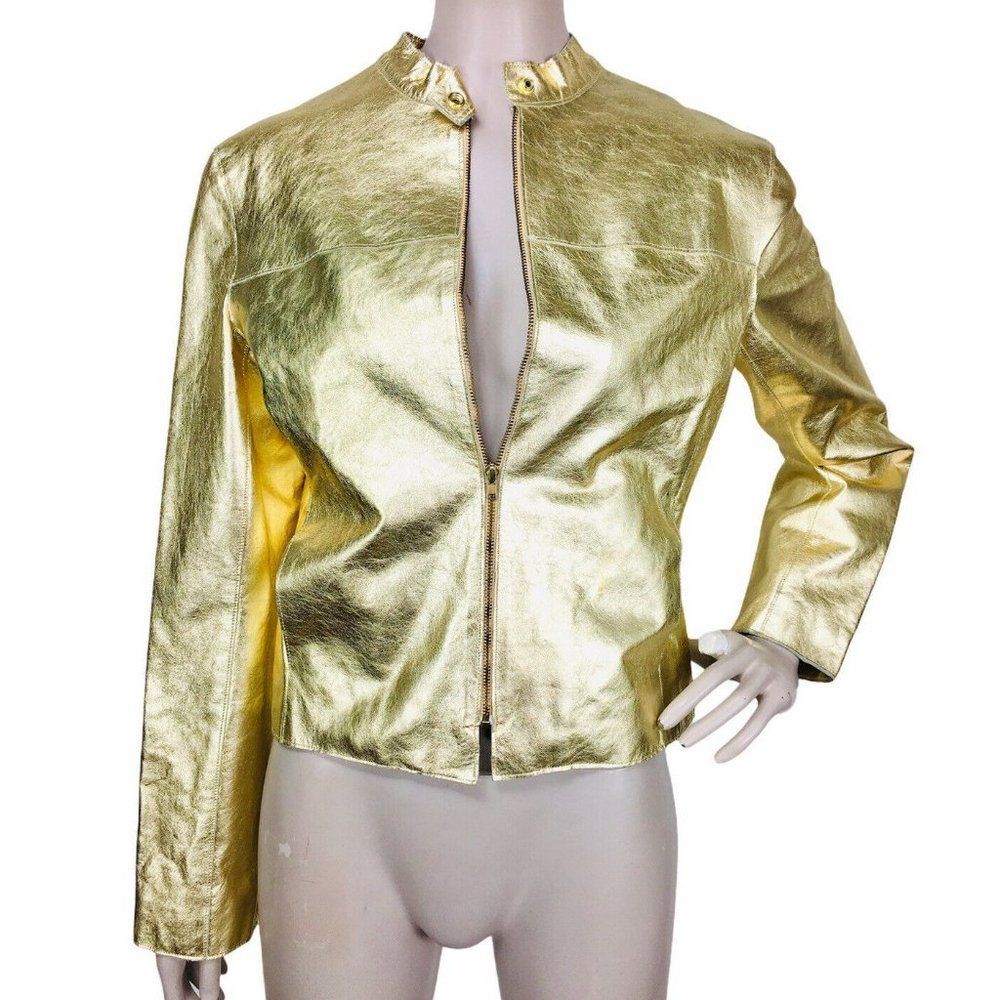 Vintage 1970's Metallic Gold Genuine Lambskin Leather Jacket Women's Size Small - Picture 1 of 9